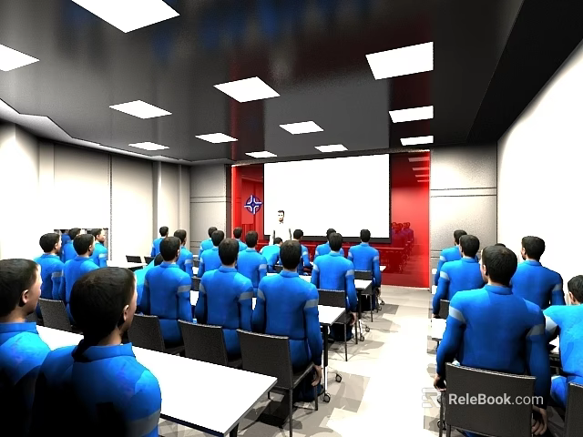 Many People in Blue Shirts Attending Meeting in Conference Room with Lectern and Projection Screen 3d model 