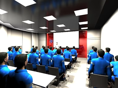 Many People in Blue Shirts Attending Meeting in Conference Room with Lectern and Projection Screen 3d model