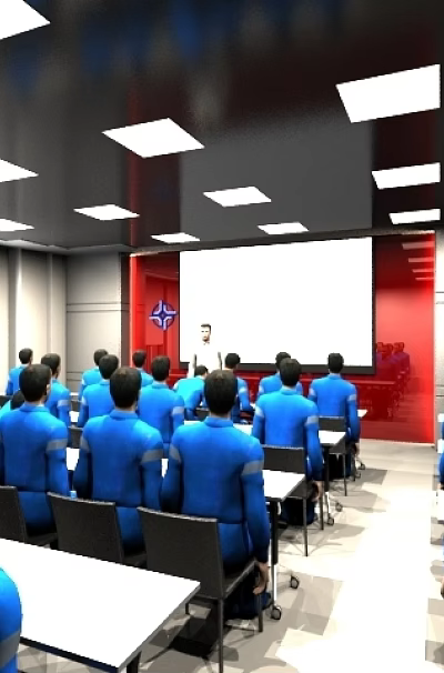 Many People in Blue Shirts Attending Meeting in Conference Room with Lectern and Projection Screen 3d model