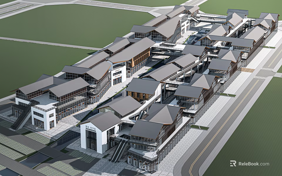 Modern Commercial Street with Gray Roofs Traditional Architecture Multiple Shops and Pedestrian Areas 3d model 