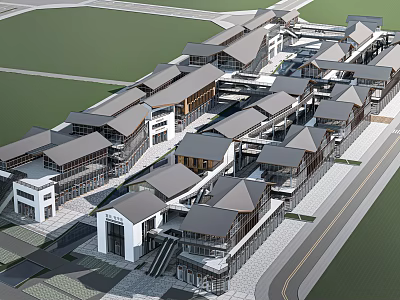 Modern Commercial Street with Gray Roofs Traditional Architecture Multiple Shops and Pedestrian Areas 3d model