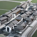 Modern Commercial Street with Gray Roofs Traditional Architecture Multiple Shops and Pedestrian Areas