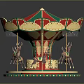 Children Enjoying Fun Carousel Ride With Red Green Canopy And Golden Decorations