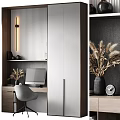 Modern Desk With Computer Monitor Gray Chair Decorative Vase Dried Pampas Grass And Wall Clock
