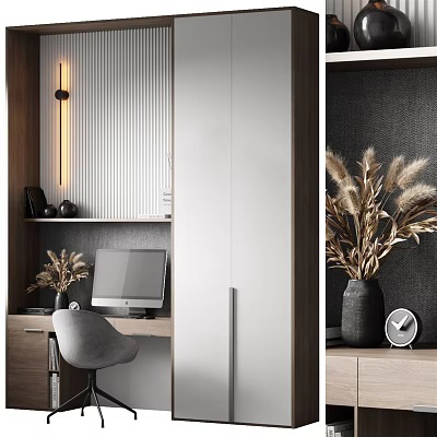 Modern Desk With Computer Monitor Gray Chair Decorative Vase Dried Pampas Grass And Wall Clock 3d model