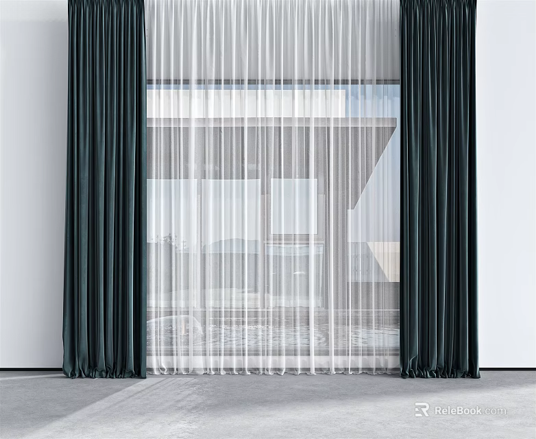 Modern Dark Curtains With White Sheer Panels For Window Interior Decor 3d model