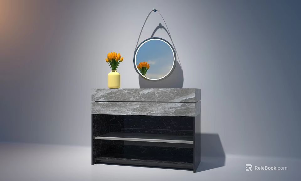 Modern Washbasin Vanity With Round Mirror Sky Clouds Reflection Marble Countertop And Yellow Vase 3d model 