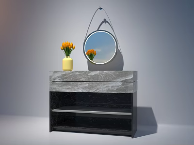 Modern Washbasin Vanity With Round Mirror Sky Clouds Reflection Marble Countertop And Yellow Vase 3d model