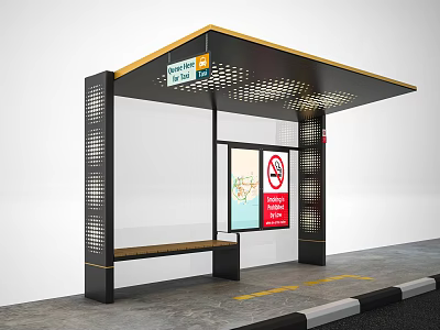 Modern Bus Stop Shelter With Bench Route Map No Smoking Sign And Lighting 3d model