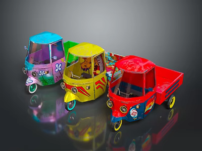 Vibrant Motor Tricycles With Blue Yellow Red Bodies And Floral Patterns 3d model