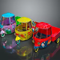 Vibrant Motor Tricycles With Blue Yellow Red Bodies And Floral Patterns