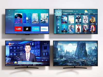 Smart TV Screen Showing Streaming Apps News Programs and SciFi Movie Scenes 3d model