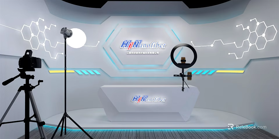 Modern Public Office Space With Broadcast Desk HNlive Logo Hexagonal Backdrop And Professional Lighting 3d model 
