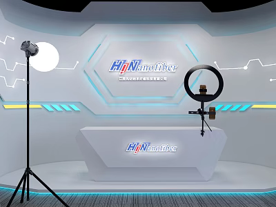 Modern Public Office Space With Broadcast Desk HNlive Logo Hexagonal Backdrop And Professional Lighting 3d model