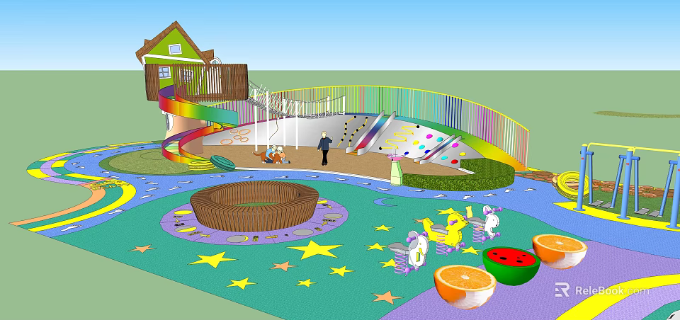 Colorful Children's Play Area With Rainbow Slide Star Patterns And Fruit Shaped Decorations 3d model 