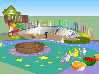 Colorful Children's Play Area With Rainbow Slide Star Patterns And Fruit Shaped Decorations 3d model