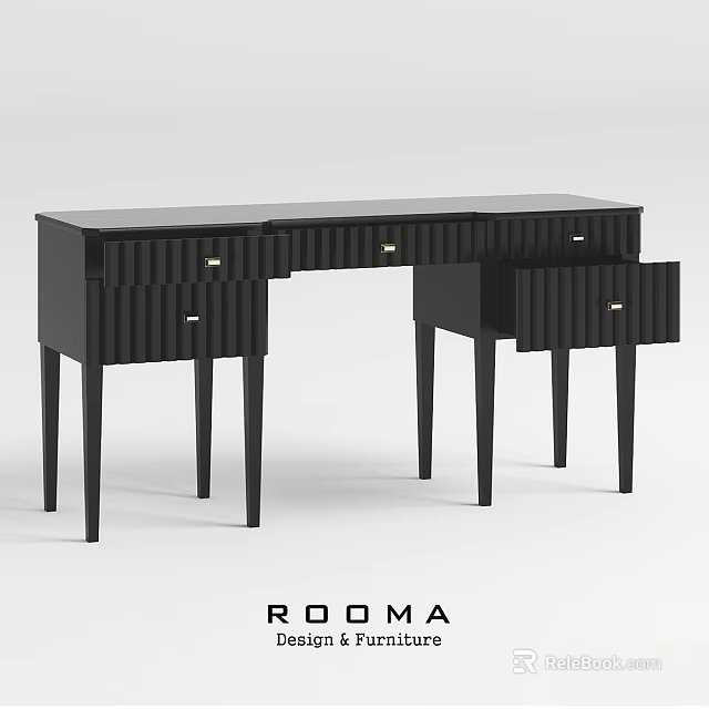 Black Modern Dining Table With Ribbed Drawers And Sleek Wooden Legs 3d model 