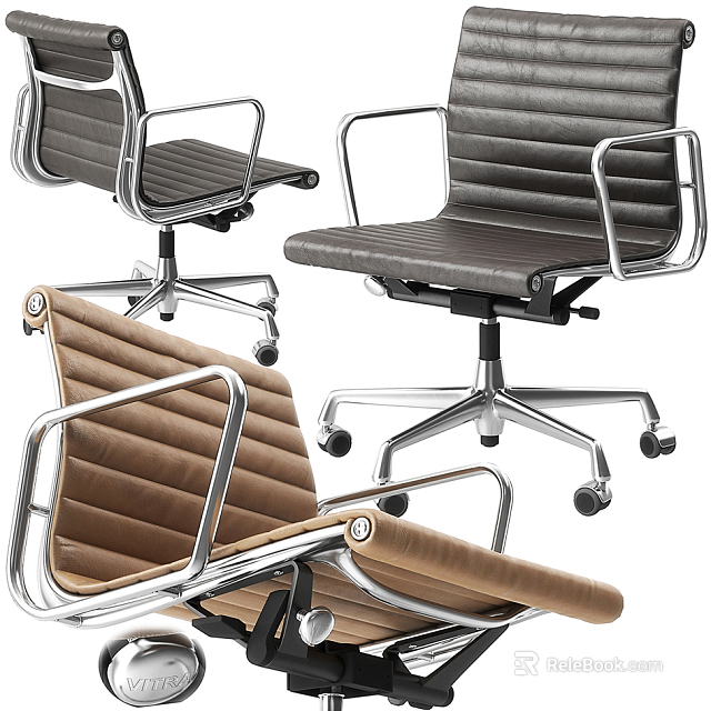 Contemporary Office Chair With Leather Upholstery Striped Backrest Metal Frame And Wheels 3d model 