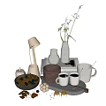 Elegant Decorative Ornament Collection With Vases Lamp Mugs Bowl Books And Dried Flowers