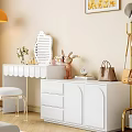 Modern White Dressing Table With Scalloped Edge Rabbit Figurine Clock Handbag And Stool 3d model