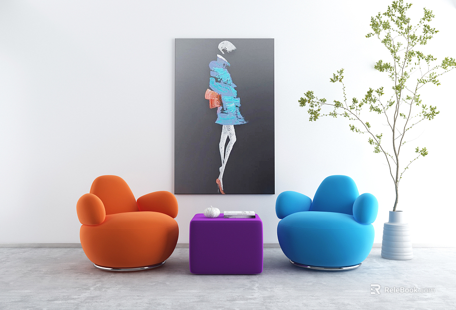 Casual Sofa Set With Orange Blue Sofas Purple Side Table Wall Art And Green Plant 3d model 