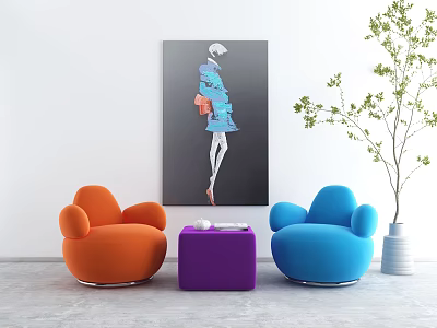 Casual Sofa Set With Orange Blue Sofas Purple Side Table Wall Art And Green Plant 3d model
