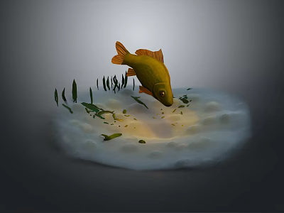 Vibrant Orange Fish With Green Aquatic Plants On White Foam Base Against Dark Backdrop 3d model