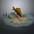Vibrant Orange Fish With Green Aquatic Plants On White Foam Base Against Dark Backdrop