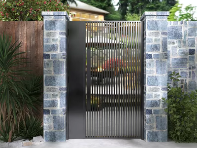 Modern Metal Gate With Vertical Slats Between Stone Walls And Green Plants 3d model