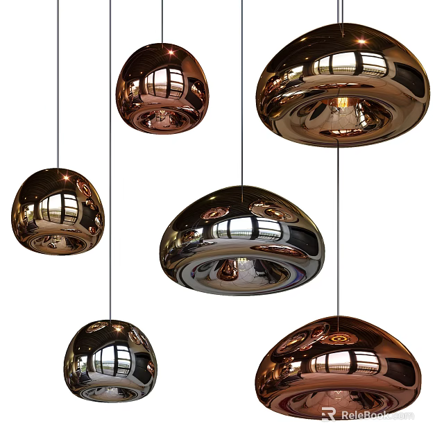 Modern Copper and Silver Pendant Lights with Glossy Reflective Spherical Design 3d model