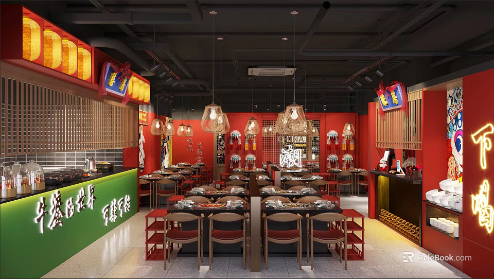 Traditional Hot Pot Restaurant Interior With Red Lanterns And Dining Tables Setup 3d model