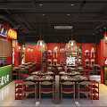 Traditional Hot Pot Restaurant Interior With Red Lanterns And Dining Tables Setup 3d model