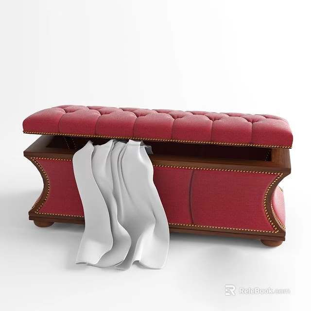 Velvet Tufted Ottoman Bench with Red Upholstery Wooden Frame Gold Nailhead Trim White Draped Fabric 3d model 