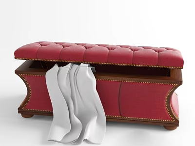 Velvet Tufted Ottoman Bench with Red Upholstery Wooden Frame Gold Nailhead Trim White Draped Fabric 3d model