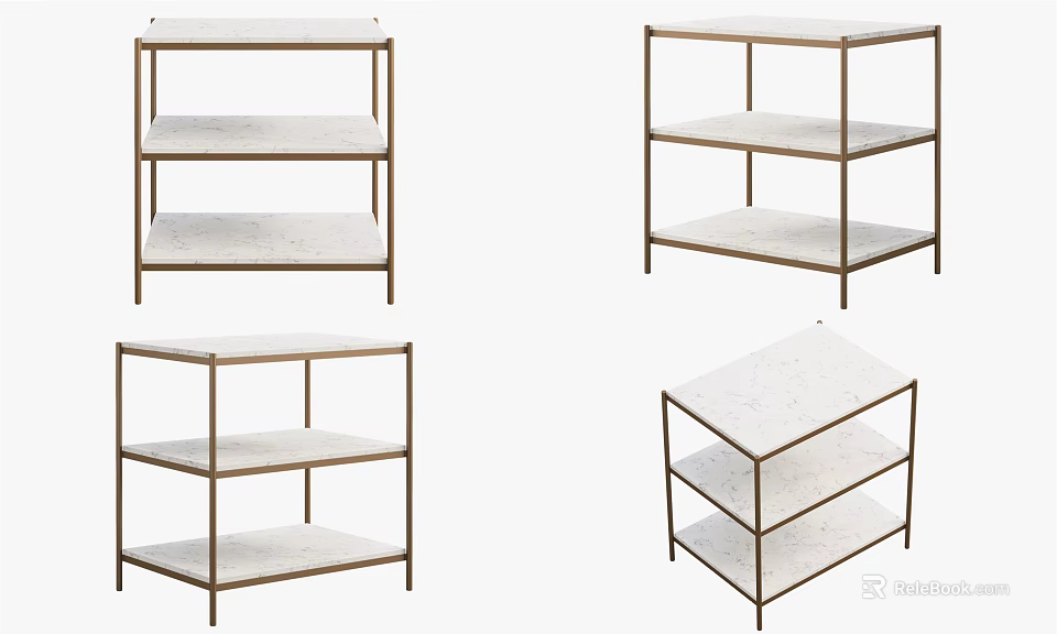 Modern Minimalist Bedside Tables With Brass Frame And White Marble Shelves 3d model 