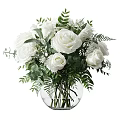 Transparent Glass Vase With White Roses Green Leaves And Small White Flowers