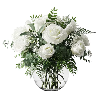 Transparent Glass Vase With White Roses Green Leaves And Small White Flowers 3d model