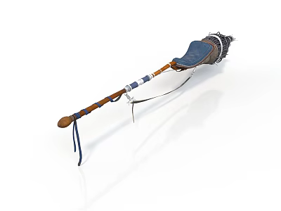 Wooden Long Handle Daily Use Item With Blue Cushion And Decorative Straps 3d model