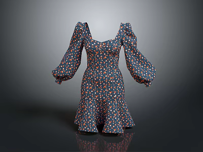 Square Neckline Puffed Sleeves Dress With Flared Hem And Colorful Floral Print 3d model