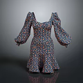 Square Neckline Puffed Sleeves Dress With Flared Hem And Colorful Floral Print