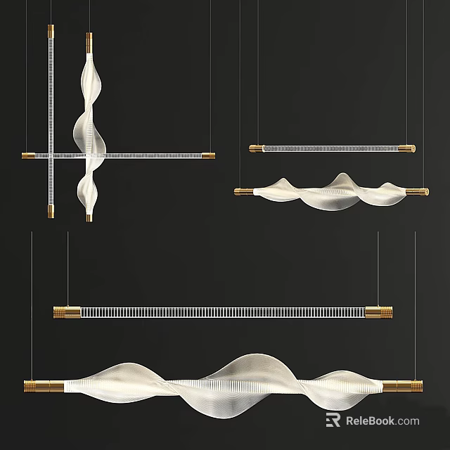 Modern Wave Design Pendant Lights With Brass Accents And White Fabric Shades 3d model 