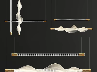 Modern Wave Design Pendant Lights With Brass Accents And White Fabric Shades 3d model