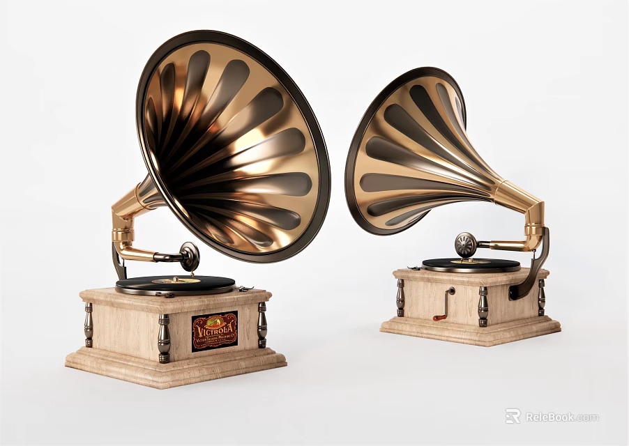 Vintage Gramophones With Brass Horns And Wooden Bases For Home Decor 3d model 