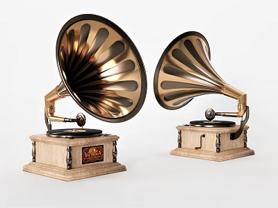 Vintage Gramophones With Brass Horns And Wooden Bases For Home Decor 3d model