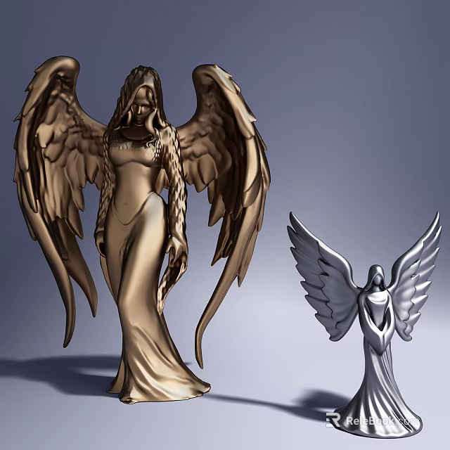 Elegant Angel Sculptures With Golden And Silver Wings And Long Dresses 3d model 
