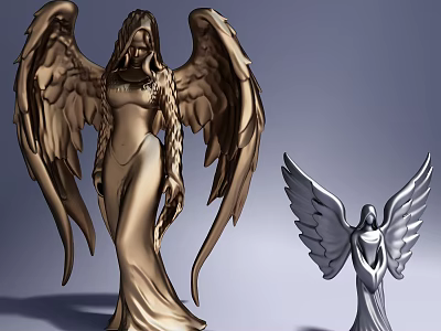 Elegant Angel Sculptures With Golden And Silver Wings And Long Dresses 3d model