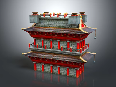 Traditional Chinese Multi story Tower Architecture With Red Roof Grey Brick Walls And Decorative Eaves 3d model