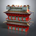 Traditional Chinese Multi story Tower Architecture With Red Roof Grey Brick Walls And Decorative Eaves