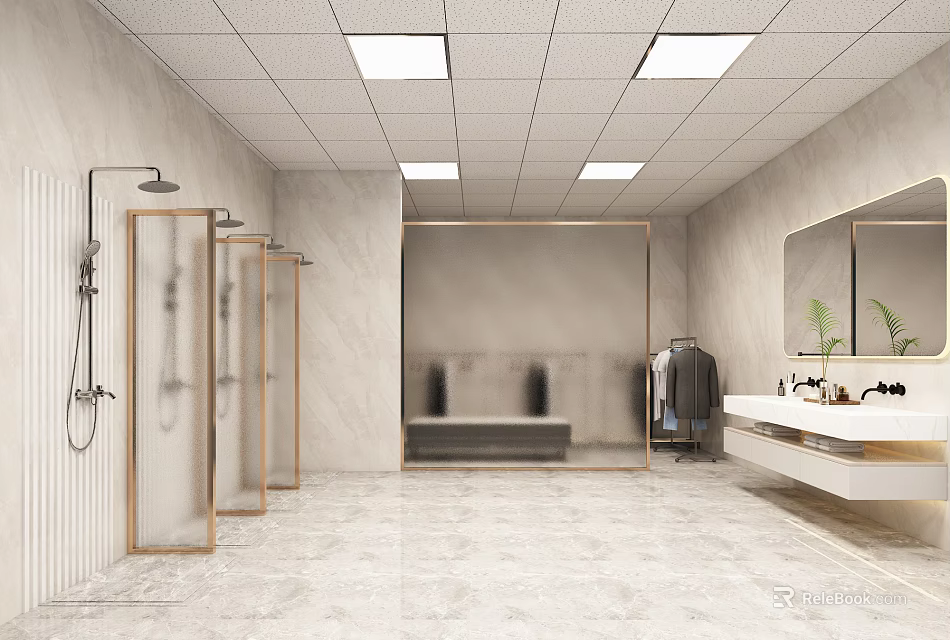Modern SPA Sauna Interior With Glass Shower Stalls Marble Walls And Mirrored Vanity 3d model 