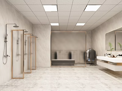 Modern SPA Sauna Interior With Glass Shower Stalls Marble Walls And Mirrored Vanity 3d model